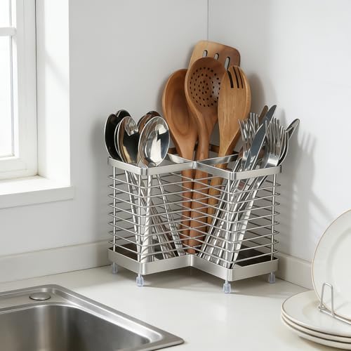 Triangular Stainless Steel Utensil Holder - 3 Compartment Kitchen Organizer