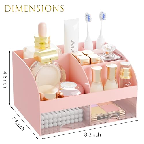 Pink Makeup Organizer with 2 Drawers, Cosmetic Storage for Vanity & Bathroom