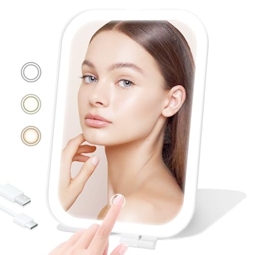 Travel Makeup Mirror, Portable Mirror with 3 Adjustable Light Settings, USB-Rechargeable Vanity Mirror with Lights£¬Gift for Women and Girls (White)
