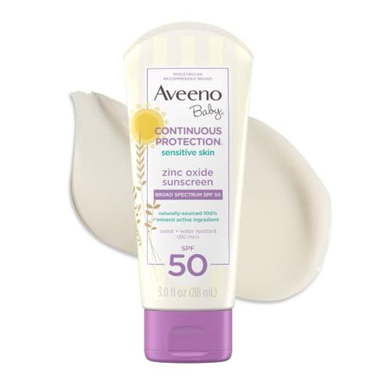 Aveeno Baby Continuous Protection Zinc Oxide SPF 50 Sunscreen for Babies with Sensitive Skin, Broad Spectrum Sun Protection, Tear-Free, Sweat- & Water-Resistant, No added Parabens, 3 Fl Oz