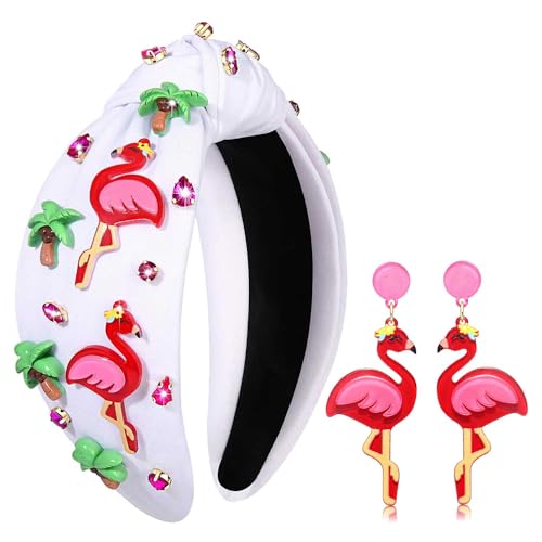 Flamingo Jeweled Boho Wide Top Knot Headband for Women