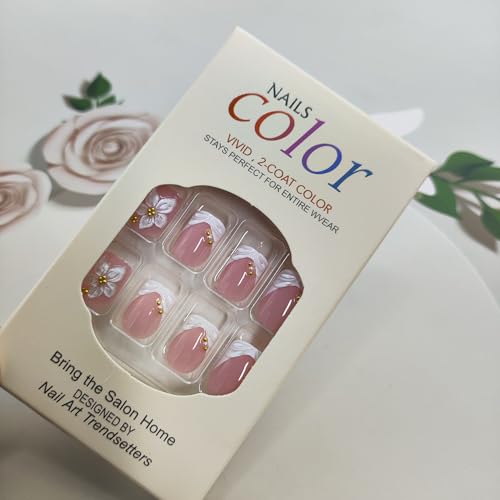 Short Square Press On Nails with 3D Floral Design - 24 Pcs