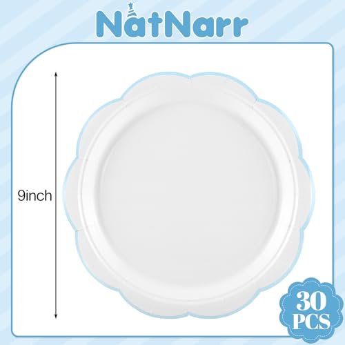 NatNarr 30 Pcs Scalloped Blue Paper Plates - 9 Inch Disposable Dinnerware