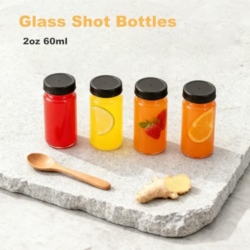 12 Pack 2 oz Glass Shot Bottles with Leak-Proof Lids - Reusable & Dishwasher Safe