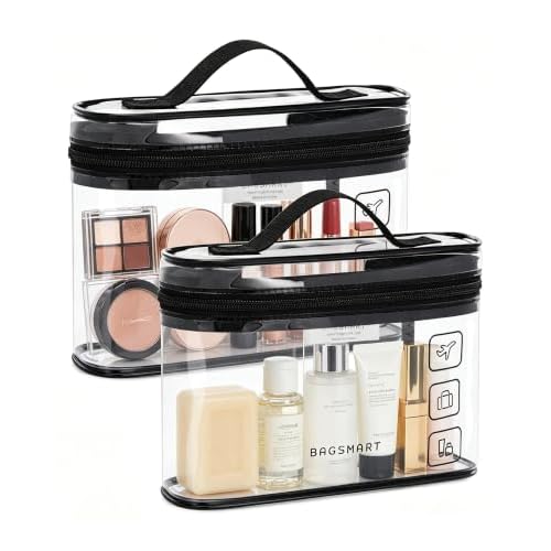 BAGSMART TSA Approved Toiletry Bag, 2 Pack Clear Makeup Cosmetic Bag Organizer, Quart Size Travel Bag for Toiletries, Carry-on Travel Accessories Essentials, Black-2pcs