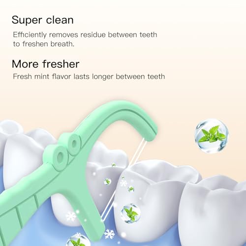 Green Mint Dental Floss Picks with 2 Travel Cases & 65 Refills - LIAMOSS