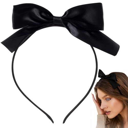 HINZIC Black Satin Bow Headband for Women - Non-Slip Design