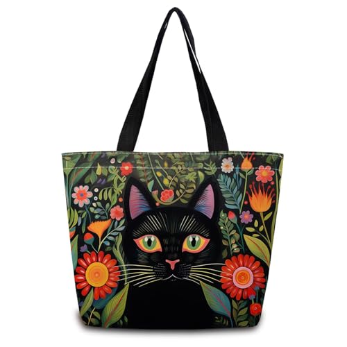 Mexican Folk Art Black Cat Tote Bag | Reusable Grocery Shopping Bag