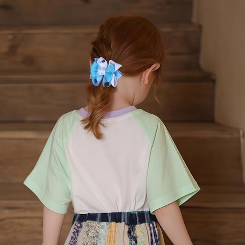 Blue & White Colorful Flower Hair Bow Clips 2.95 Inch Grosgrain Ribbon Hair Accessories for Girls - Handmade Cheer & School Style