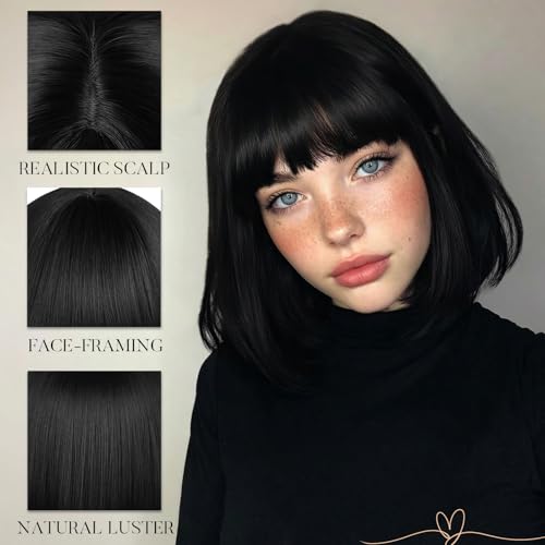 Lumitressa Black 12 Inch Bob Wig with Bangs for Women - Adjustable Fit, Synthetic Hair, Trendy Short Style