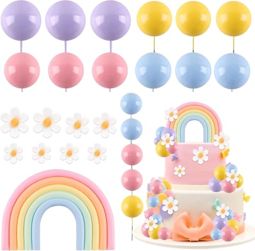 Rainbow Cake Topper Set with Pastel Balls & Daisy Decorations