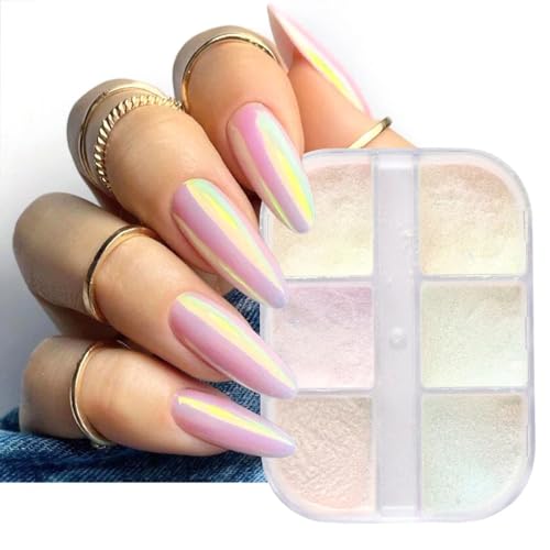 Mangoit Aurora Mirror Nail Powder - 6 Grids Chrome Pearl Glitter for Nail Art (01_Aurora)