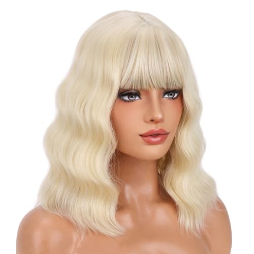 BERON Light Blonde 14-Inch Short Curly Wig with Bangs