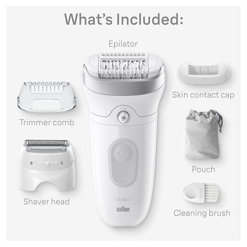 Braun Epilator Silk-?pil 7, Hair Removal Device, Women Shaver & Trimmer, Wet and Dry, Wide Head, Includes Shaver Head and Trimmer Comb, SE7-041, Silver