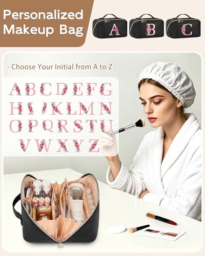 Personalized Black Makeup Bag with Initial 'J' - Travel Cosmetic Organizer