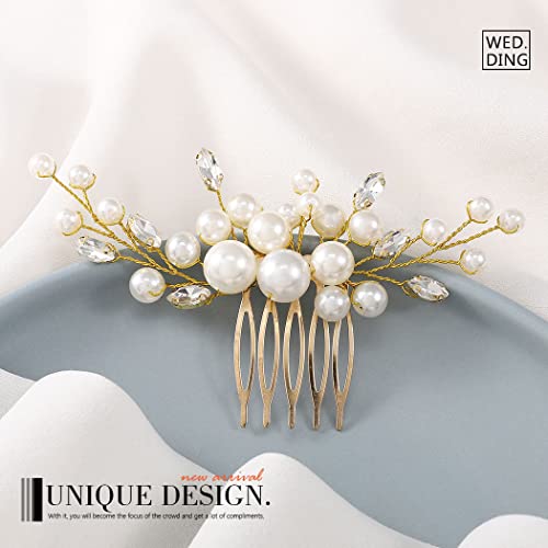 Gold Pearl Hair Comb with Rhinestones for Brides - T-Gold