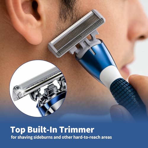FYNEDGE Men's 6-Blade Razor & Top Trimmer Set with 4 Refills, Handle & Hook