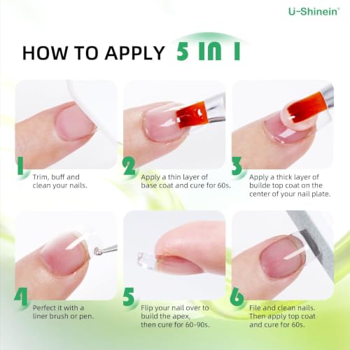 U-Shinein 5-in-1 Clear Non-Sticky Builder Gel & Top Coat - No Wipe, Long Lasting, Nail Extension & Decoration