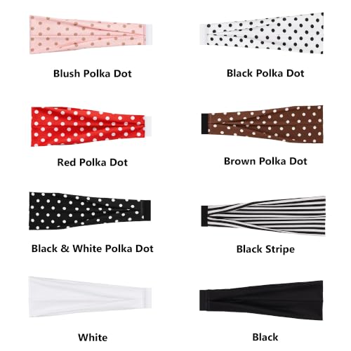 Ztomine Women's Polka Dot Wide Elastic Headbands - 8 Pack Non-Slip Yoga & Workout Hair Bands in Red, White, Black, Nude & Brown