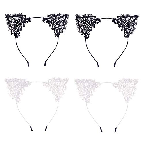YAXAMING 4 Pack Black & White Lace Cat Ears Headbands Halloween Costume Accessories