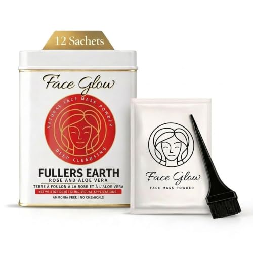 Pride Of India Fuller's Earth Powder with Rose & Aloe Vera - 12 Sachets, Reusable Applicator & Tray, Natural Face Mask for Radiant Skin