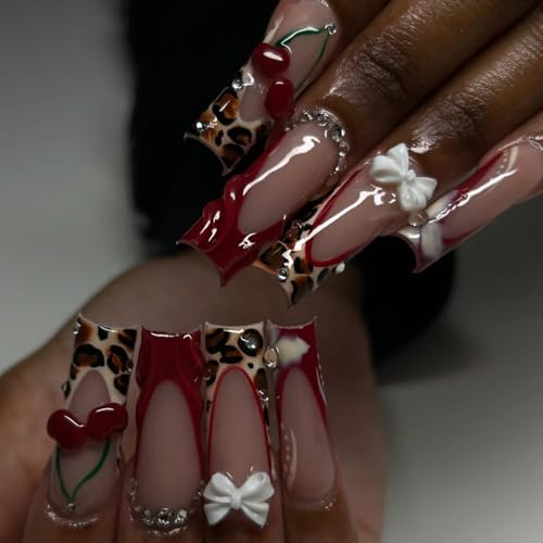 RIICFDD Styl 2 Long Press Square Leopard Print Fake Nails with Glue Set