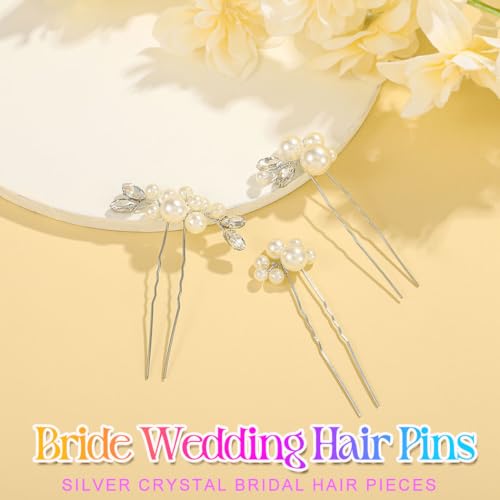 HEREAD Pearl Bride Hair Pins – Crystal Bridal Headpiece, Silver (Pack of 3)