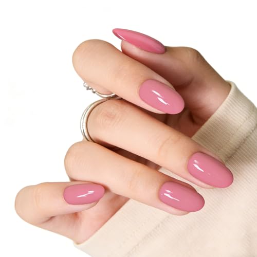 Shoindary Rose Red Medium Almond Press On Nails - Valentine's Solid Color Fake Nails Set for Women