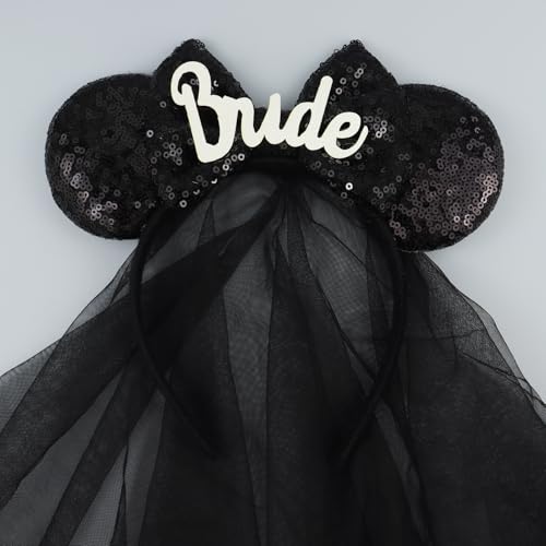 LIHELEI Black Bridal Mouse Ear Headband with Veil for Halloween Bachelorette Party Women Girls