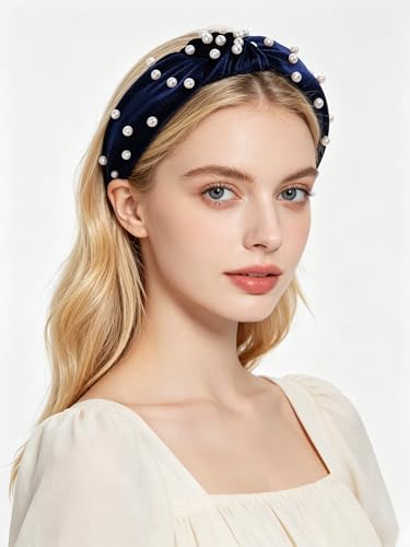 Navy Blue Velvet Pearl Knot Headband for Women - CAUDIO Wide Top Knot Cross Hairband