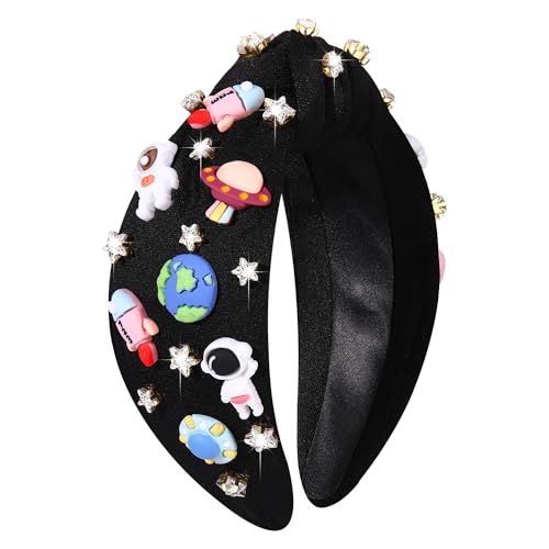 Mokkia Space Astronaut Headband for Women - Pattern A with Jeweled Saturn and Rocket Design
