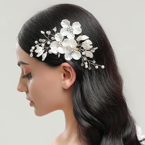 CASOLVX White Pearl Flower Bridal Hair Clip with Rhinestone Silver Leaves