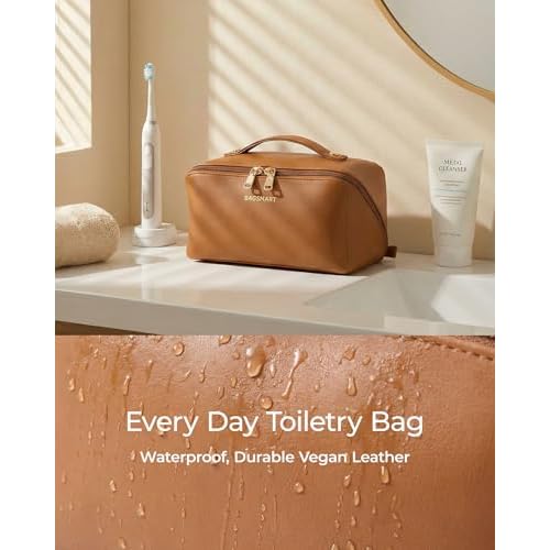 BAGSMART Makeup Bag Travel Cosmetic Bag, Large Make Up Bag Flat Open Toiletry Bag for Women, PU Leather Travel Essentials Organizer Case, Wide-open Pouch Purse for Skincare, Brushes, Classic Brown