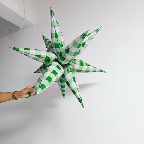 32-Inch Green & White Gingham Star Burst Balloons - Multi-Occasion Party Decor
