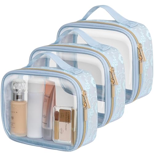 PACKISM Clear Makeup Bag Travel Set Blue - TSA Approved 3 Pack, Medium Edition with Lace Pattern