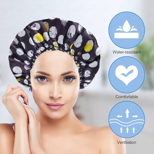 Reusable Shower Cap Set for Women - 4 Waterproof Caps & 2 Satin Scrunchies