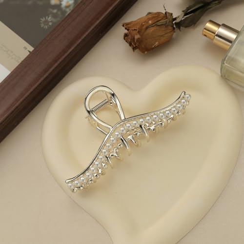 Textention Rhinestone Pearl Hair Claw Clips - Pattern D, 4.4 Inch, 3 Pack