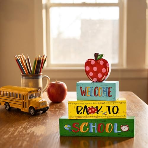 Back to School Wooden Table Decor with Apple & Pencil Design