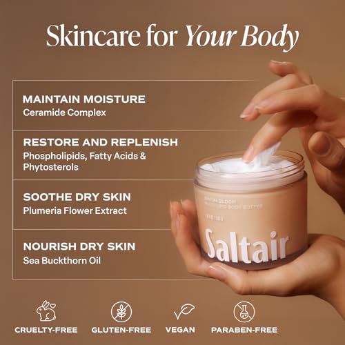 Saltair Multi-Lipid Body Butter - Rich, Nourishing Hydrating Body Cream with Ceramide Complex, Coconut Oil, Shea Butter, and Sea Buckthorn. Moisturizing Dry Skin Care. 10oz Jar - Santal Bloom