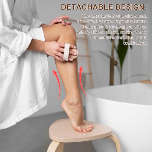 DEBETOOL Dry Brushing Set - Natural Boar Bristle Body & Face Brush, Wooden Long Handle Scrub Brush for Cellulite & Lymphatic Drainage Body Care, Detachable, 3 Brush Heads