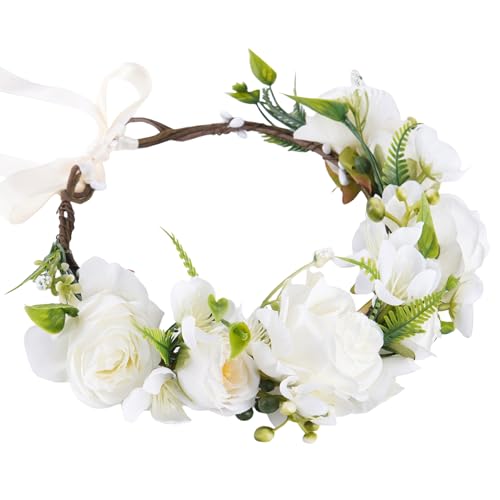KorViSHOW White Flower Crown Headband Bridal Boho Floral Headpiece