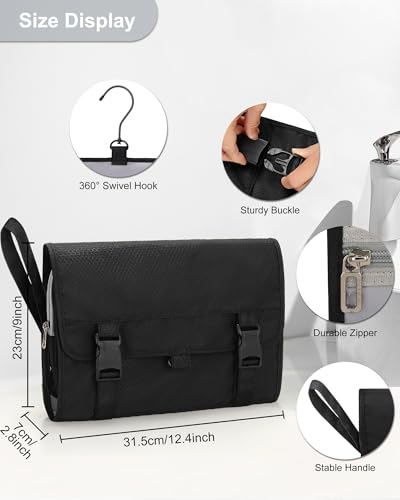 Relavel Large Black Travel Toiletry Bag for Men with Hanging Hook, X Large