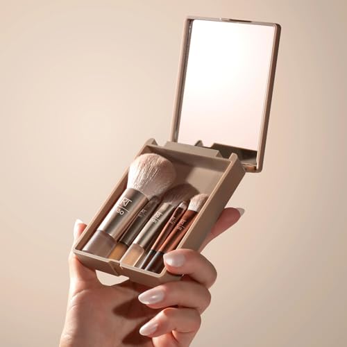 Real Techniques Mini Brush Set with Mirror - 6-Piece Travel Makeup Kit, Nudes