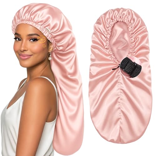 YANIBEST Adjustable Satin Sleep Bonnet - Large Blush Pink Long Hair Cap