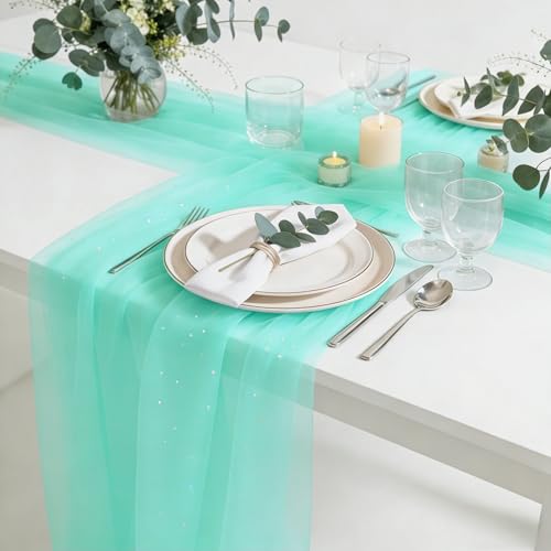 Glitter Tulle Table Runner 10FT - Tiffany Blue - 2pcs for Weddings & Events