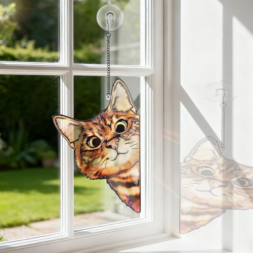 Stained Glass Window Hanging - Funny Peeking Cat Decor