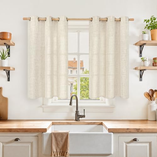 YoungsTex 2 Panel Linen Kitchen Curtains, 40 Inch Length, Light Filtering with Bronze Grommets