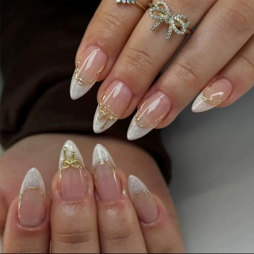 Sutaozhi French Tip Summer Nails Kit - 12 Medium Almond Fake Nails with 3D Bow & Gold Line Design, Glue-On False Nails for Women, 24Pcs