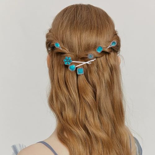 7-Pack Turquoise Retro Hair Clips for Women & Girls - Vintage Metal Barrettes