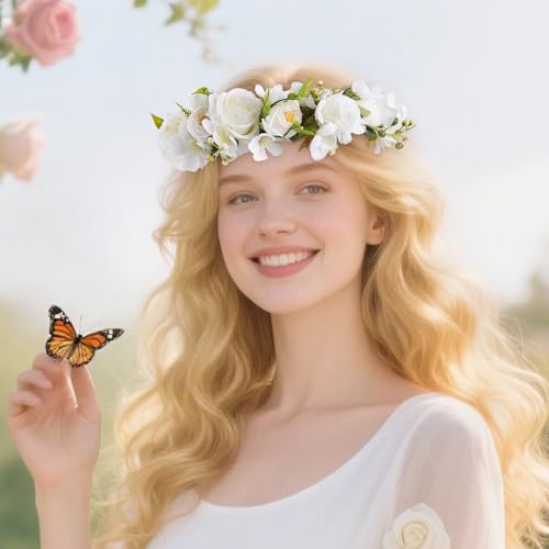 KorViSHOW White Flower Crown Headband Bridal Boho Floral Headpiece